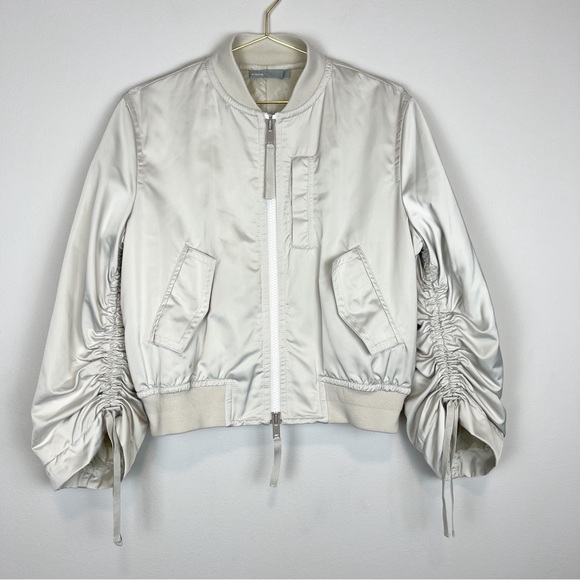 Vince Ruched Sleeve Satin Parachute Bomber Jacket Chalet Ivory Cream Size Small - Picture 6 of 16